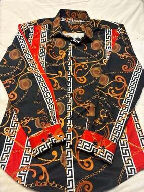 Moderno Men's Baroque Chain Print Long Sleeve Button Down Shirt Size S